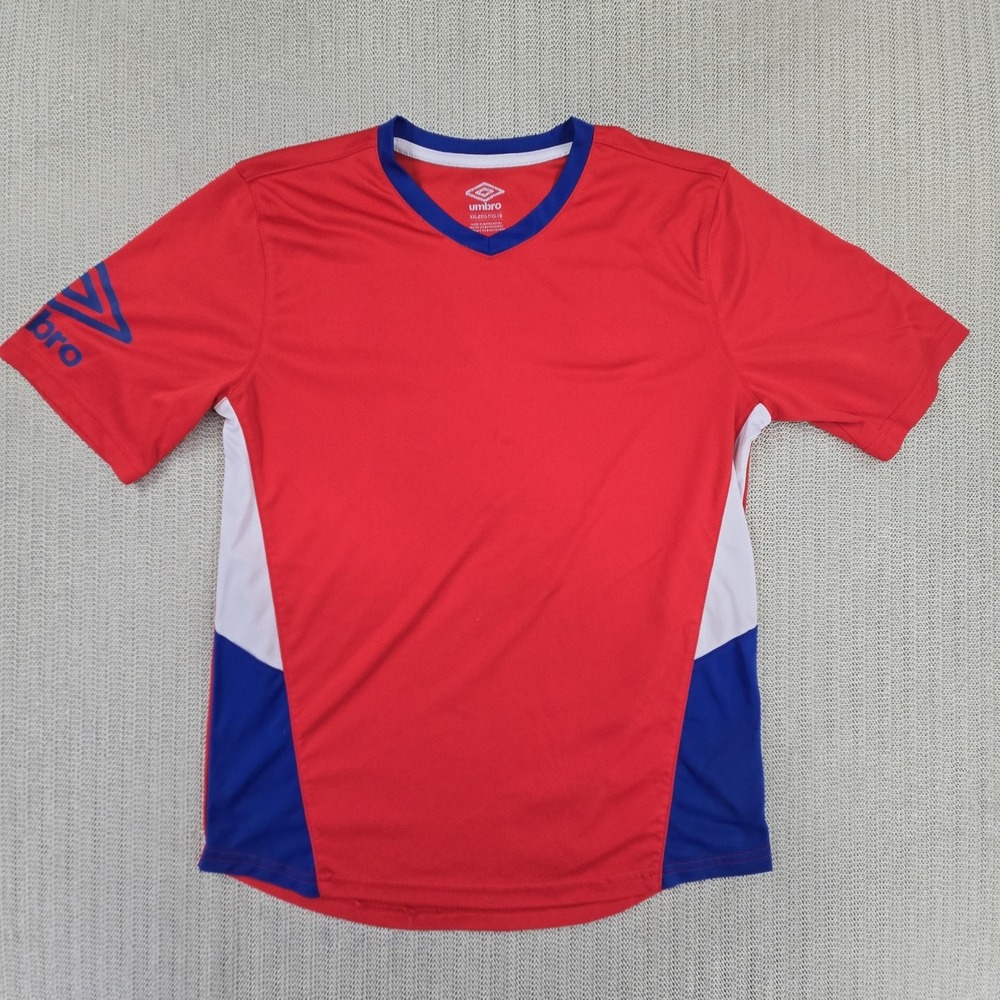 Umbro Shirt Youth 2XL Red Blue Colorblock Soccer Jersey V Neck Short Sleeve